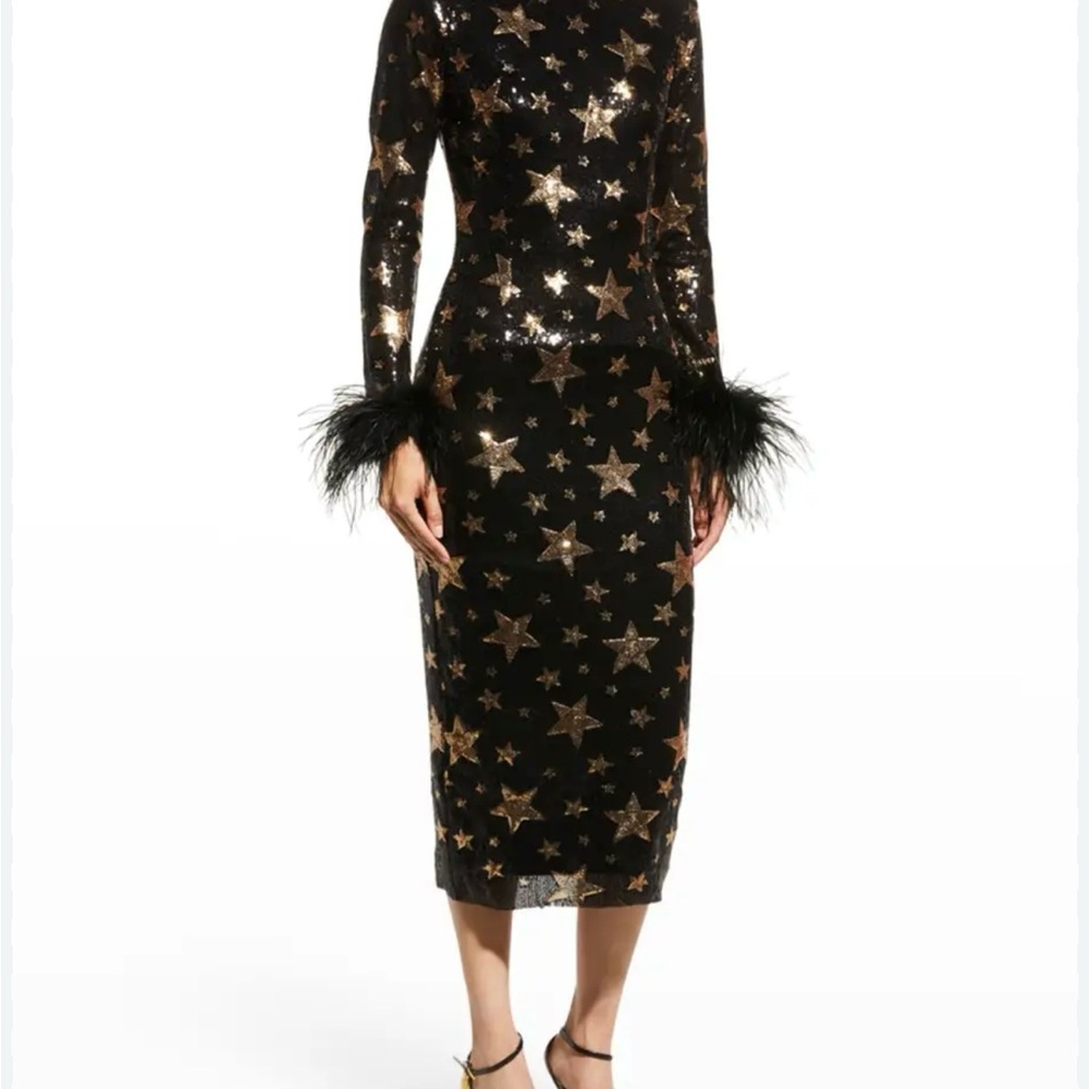 IIkyaz Ozel Veronique Black Sequin Star Midi Dress with REAL 💯Feather Cuffs